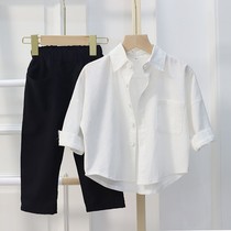 Childrens shirt spring and autumn boys long sleeve shirt 2021 spring new Korean version of foreign style small children cotton linen white shirt