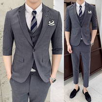  Gray Korean mid-sleeve suit three-piece suit wedding nine-point pants dress large size groom host suit male