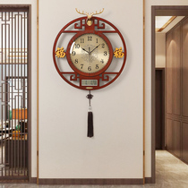 Chinese perpetual calendar wall clock living room creative silent decorative wall clock Chinese style home classical wooden quartz clock