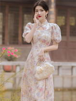 2021 new spring French gentle wind rattan with the same improved bone erosion cheongsam bubble sleeve floral dress female summer
