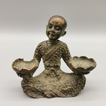 Antique copper solid hand support lotus flower bald head small seat Buddha Decoration lamp fairy child Candlestick back fragrance hand handle play