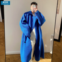 Long woolen coat men winter Klein blue Korean version of woolen coat ins tide over the knee fur one trench coat