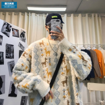 2021 autumn and winter deer jacquard round neck sweater men loose thick knitted sweater coat student couple