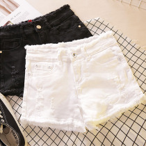 High waist white denim shorts womens summer thin section 2021 new black thin hole hot pants tide wear
