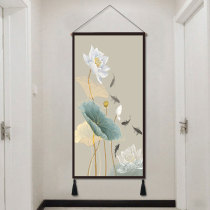 Porch decorative painting lotus new Chinese fabric hanging painting modern living room study tapestry bedside mural painting vertical Chinese style