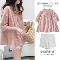 Pregnant women summer shirt doll shirt summer thin section out chiffon shirt Foreign style fashion suit two-piece set summer