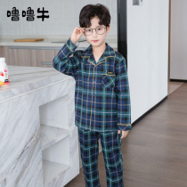 Autumn boys and childrens pajamas boys Spring and Autumn long sleeve cotton children thin plaid cotton baby home clothes