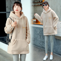 Pregnant women autumn and winter clothes plus velvet thick clothes womens long top loose size autumn and winter wear suit tide mother