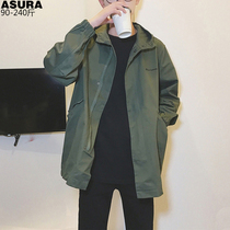 Swallow-tailed long trench coat jacket mens fattened plus size hooded loose jacket tide fat autumn tooling retro