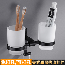 Toilet punch-free black space aluminum brushing double cup bathroom toilet rinse cup holder glass toothbrush shelf