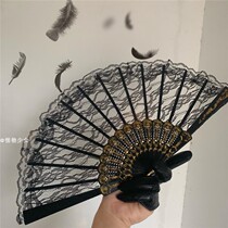Monster Teenage Girl Ins Retro Dark Black Ensemble Abstinences Hollowed-out Lace Fan Photo Prop Gothic