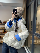 21 Winter Korean version of the wild casual hooded pullover contrast color down jacket female small white duck down warm short jacket
