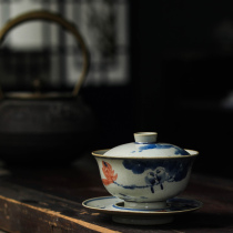 Duqing Lotus Pond flowers and birds three Cai bowl ceramic single ceramic household tea size kung fu tea set Tea Cup