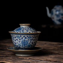 Duqing old mud material Blue and white twined lotus three-cai Gaiwan Jingdezhen ceramic tea set handmade single tea bowl