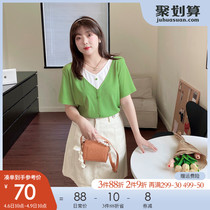 Cetto Bao 2022 Summer new Korean version v Collar Display Slim Fake Two Knit Big Code Fat Mm Display Slim Short Sleeve T-Shirt Woman