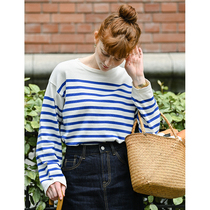 UNRETRO Journal of the day series Striped Sweatshirt Thin-length sleeves Knitted Sweatshirt Feminine-style Sea Soul