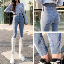  Light-colored jeans womens summer high-waisted small feet pants thin 2021 new elastic tight pencil pants spring and autumn
