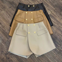 Double-breasted sheepskin skirt elastic waist a-shaped shorts 2021 new leather pants womens gold buckle skirt wide leg pants