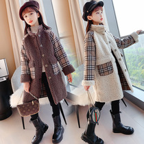 Girls long style Checkered Lamb Suede Coat Jacket 2022 Autumn New winter CUHK Scout Sister Sisters Dress Foreign Air