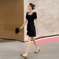 2021 new womens dress summer bubble sleeve slim body slim square collar temperament solid color waist retro small black dress