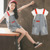 Hong Kong childrens clothing girls summer clothes 2022 new short sleeves Korean version of the sea air mesh red back with pants children casual two sets