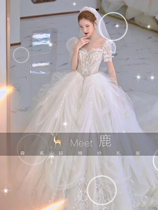 Wedding dress 2021 new bride collar bubble sleeve lace nail beads luxury gentle fairy long tailed puffy dress summer