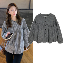 Pregnant womens clothing autumn fashion age reduction Korean version of loose wooden ear plaid shirt long size pregnant womens coat tide