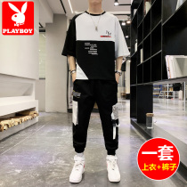 Playboy thin short-sleeved t-shirt mens summer 2021 ice silk trend casual set with ruffian handsome