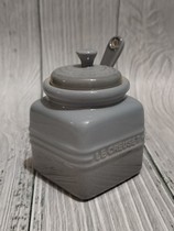 French LE CREUSET cool color stoneware small seasoning pot spot does not return