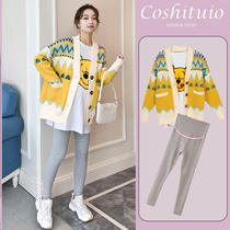 2021 Autumn New pregnant womens print knitted cardigan sweater coat jacket foreign style all hot mom three-piece tide