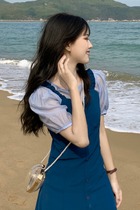 Korean version 2021 suit womens first love skirt College short-sleeved shirt sunscreen beach gentle wind small man strap skirt tide