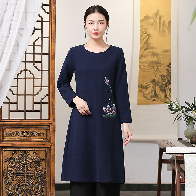 Chinese wind improved cheongsam dress female spring and autumn retro big size fat mm national wind small man tea suit 677