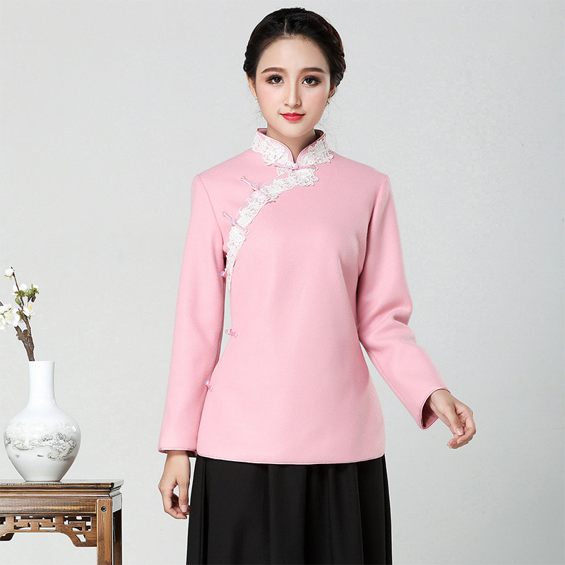 Tang dress Republic style retro Chinese womens Chinese style short cheongsam-style top plus thick disc buckle autumn and winter 618