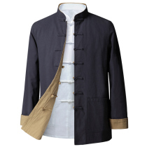Spring and Autumn Mens Middle-aged and Elderly Leisure Tang Dress Handmade Plate Seven Buckle Cotton Double Wearing Tang Dress Long Sleeve Solid Color Jacket Jacket