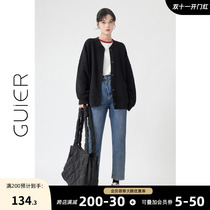 GUIER black fleece thickened sweater jacket womens autumn and winter 2022 new small cardigan top
