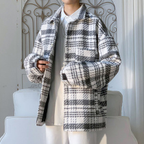 Plaid trench coat mens autumn and winter style ins Hong Kong style handsome fried street woolen coat Korean trend mens woolen coat