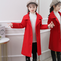 Girls clothing red fur coat Korean version winter dress thickened with cotton medium long style children foreign pistacoy coat