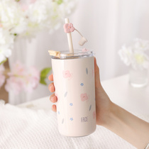 face with straw thermos cup 316 stainless steel girl heart ins Wind cute large capacity portable milk tea cup children