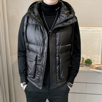Mens down vest hooded cardigan autumn and winter warm windproof trend casual crock shoulder outdoor tooling style jacket