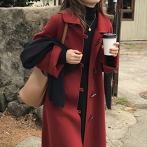 Horn buckle double-sided cashmere coat womens long 2021 autumn and winter new high-end temperament loose wool jacket