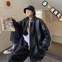 Super fire cec motorcycle leather mens fashion brand ruffian handsome stand-up collar jacket Korean version of the autumn loose trend wild jacket