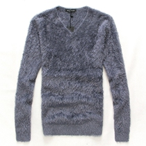 Autumn and Winter Korean version slim long wool coat Plush seahorse hair mens V-neck cardigan base shirt thick tide mens underwear