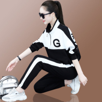 Sports Suit Women Spring Autumn New Collar Ocean Qi Collision Color Long Sleeve Fried Street Loose and Casual Wear two sets