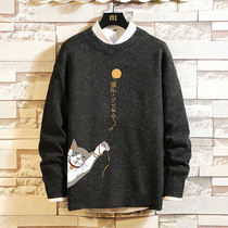 Autumn and winter plus velvet thick sweater mens Japanese Tide brand personality cartoon sweater fat big size loose sweater