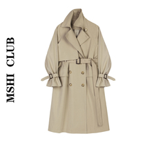 (Spot) MSHI CLUB windbreaker womens spring tie-up waist slim double-breasted knee temperament coat tide