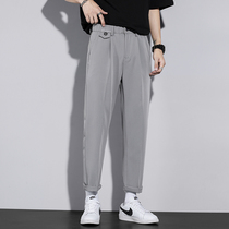 Ice silk casual pants Mens summer thin stretch hanging formal slim fit nine-point trousers mens straight loose pants