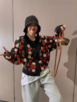 Retro Sweet Flowers Knit Cardiovert Jacket Woman 2022 Spring new Korean version Loose Pink Cherry Blossom Sweater
