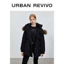 UR winter New Youth Womens drawstring waist fur collar hooded down jacket coat YL47R1KN2002