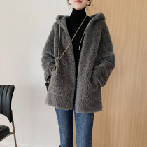 Korean version of the medium and long hooded sheep shearing coat 2020 winter young lamb hair womens fur one-piece fur coat