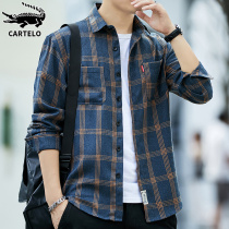 Crocodile 2021 autumn mens long sleeve shirt coat trend Hong Kong style casual loose spring and autumn plaid shirt mens clothing